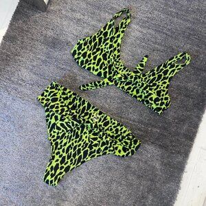 Inamorata Neon Green Animal Print Tie Bikini Set